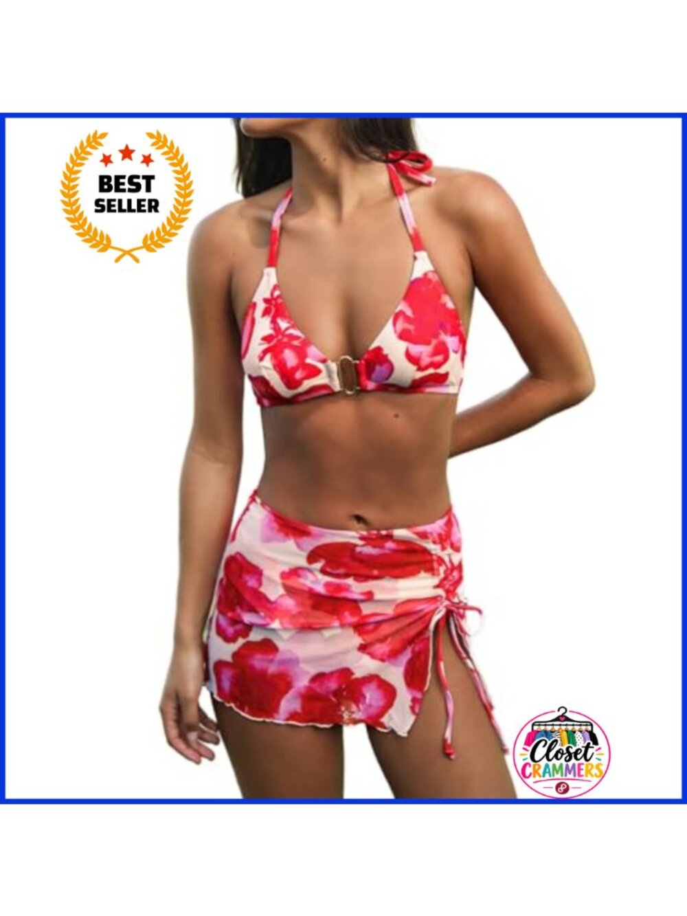 Three Piece Bikini Set Halter Top Cheeky Bottoms Mesh Sarong Skirt Swim